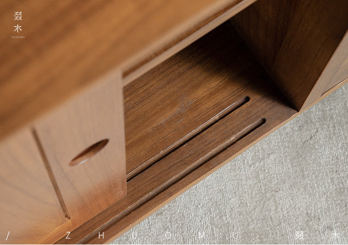 teak sideboard, sliding door buffet, solid wood cabinet, handcrafted teak furniture, minimalist dining storage, artisan wood furniture, wabi-sabi furniture, modern teak buffet, handmade solid wood sideboard