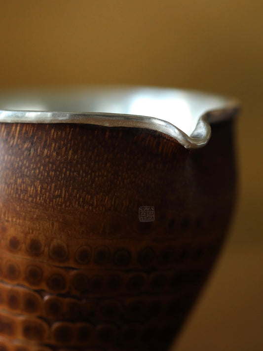 bamboo root tea cup, fair cup, gongdao cup, silver edge tea pitcher, handcrafted tea accessories, wooden tea ware, Japanese tea ceremony, Chinese tea set, handmade tea pitcher, artisanal teaware, Piexlculpt Studio