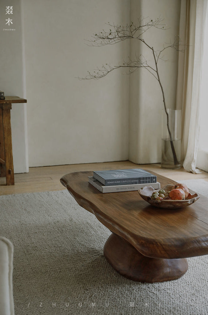 ryozen coffee table, solid wood tea table, zen furniture, wabi sabi coffee table, japanese minimalist furniture, handcrafted wooden table, piexlculpt studio, modern zen interior, natural oak table,