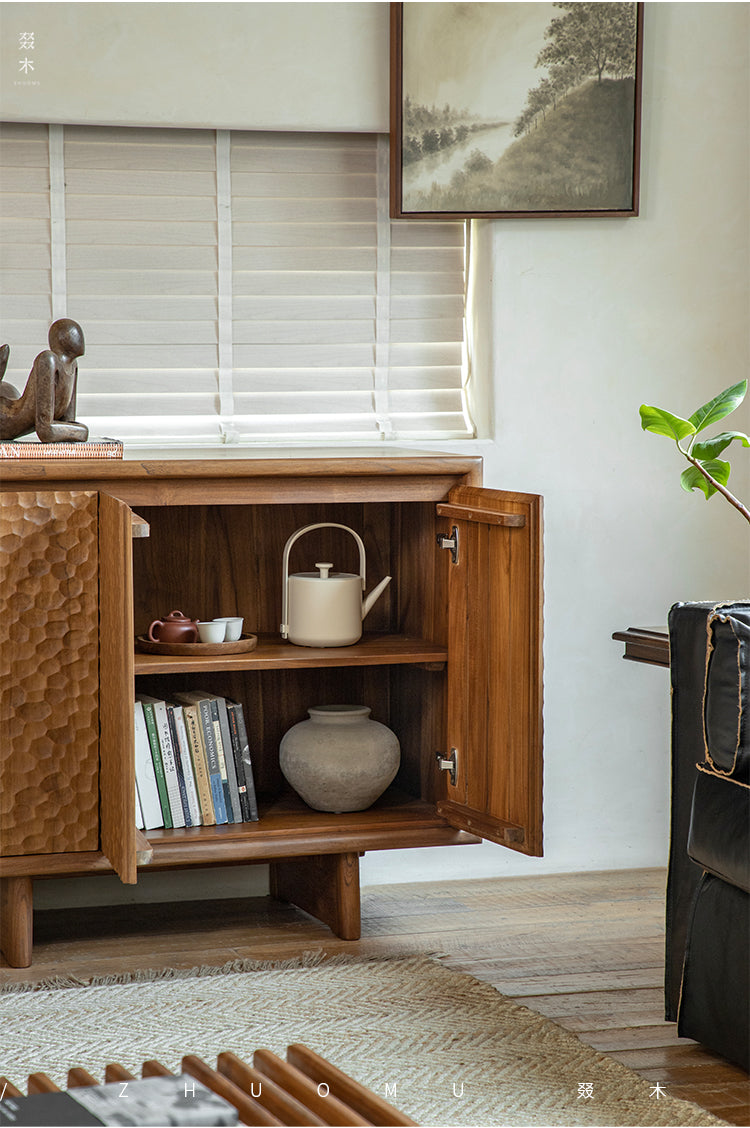 ripple wood cabinet, teak sideboard, solid wood buffet, handcrafted teak furniture, textured wood cabinet, artisan carved sideboard, wabi-sabi furniture, boho wood furniture, japanese scandi teak, handmade wooden buffet