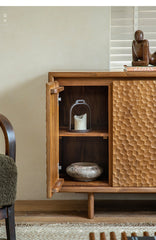 ripple wood cabinet, teak sideboard, solid wood buffet, handcrafted teak furniture, textured wood cabinet, artisan carved sideboard, wabi-sabi furniture, boho wood furniture, japanese scandi teak, handmade wooden buffet