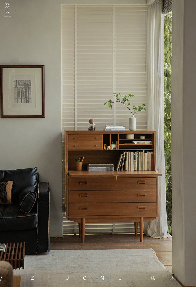 mid century secretary desk, teak writing cabinet, danish modern furniture, mcm teak desk, handcrafted wood furniture, vintage writing bureau, solid wood secretary desk, scandinavian teak furniture, minimalist wood desk