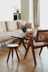 koto stool, round wood stool, japanese minimalist furniture, wabi sabi furniture, solid wood stool, handmade wooden furniture, accent stool, piexlculpt studio, modern wood decor, small wooden stool