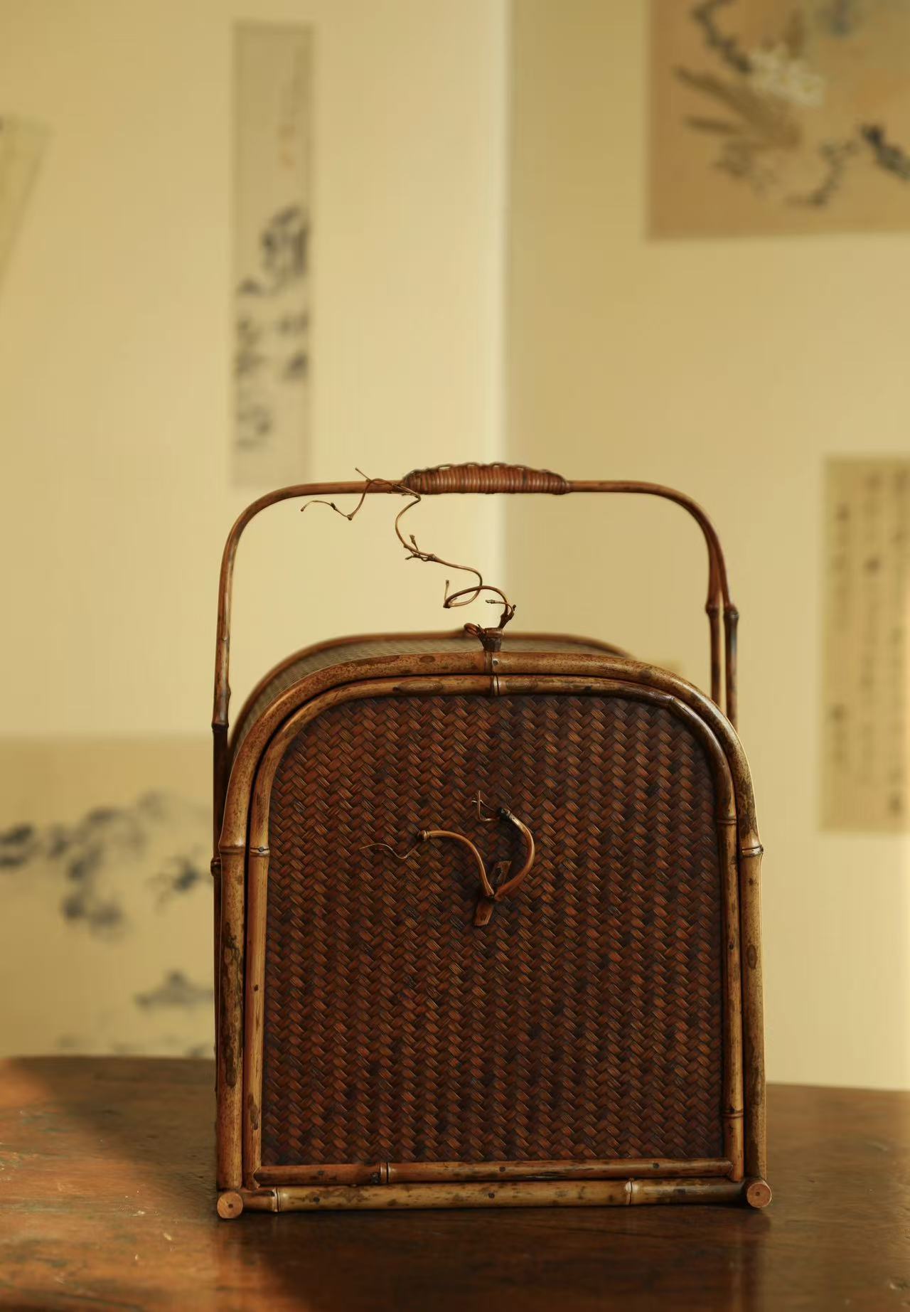 bamboo tea chest, handcrafted tea storage, bamboo tea cabinet, oriental tea furniture, wabi sabi tea chest, portable tea box, rattan bamboo chest, vintage tea organizer, bamboo tea accessories, Piexlculpt tea furniture