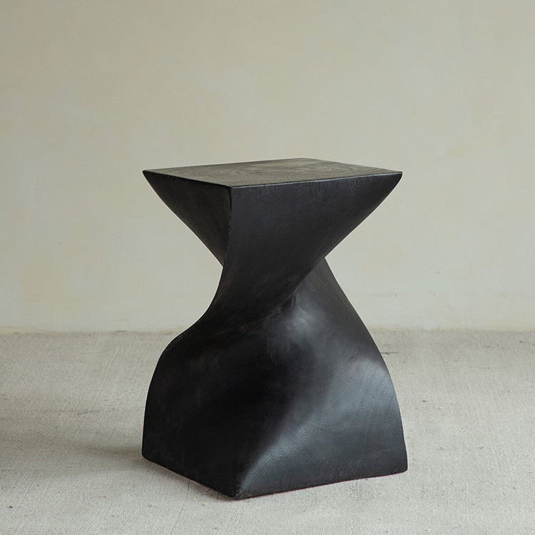 wood pedestal table, solid wood plant stand, sculptural wood side table, twist wooden table, handmade wood decor, rustic accent furniture, modern wood pedestal, artisan carved furniture, natural wood display stand