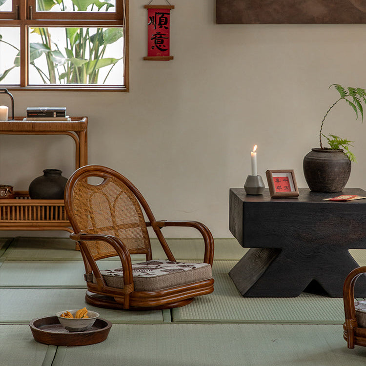 rattan floor chair, tatami chair, rattan swivel chair, handwoven rattan furniture, Japanese floor chair, bohemian interior, tea room seating, handcrafted rattan seat