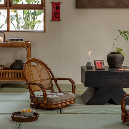 rattan floor chair, tatami chair, rattan swivel chair, handwoven rattan furniture, Japanese floor chair, bohemian interior, tea room seating, handcrafted rattan seat