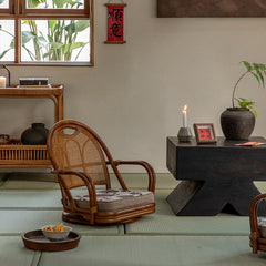 rattan floor chair, tatami chair, rattan swivel chair, handwoven rattan furniture, Japanese floor chair, bohemian interior, tea room seating, handcrafted rattan seat