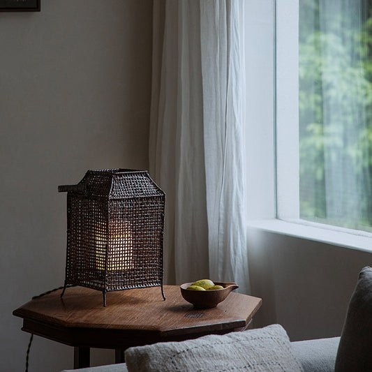 rattan lantern, wooden base lamp, handcrafted rattan light, wabi-sabi decor, natural rattan lighting, ambient table lamp, handmade home decor, rustic lantern, boho room lighting, artisan rattan lamp, minimalist home lamp, zen decor light, eco-friendly rattan lamp