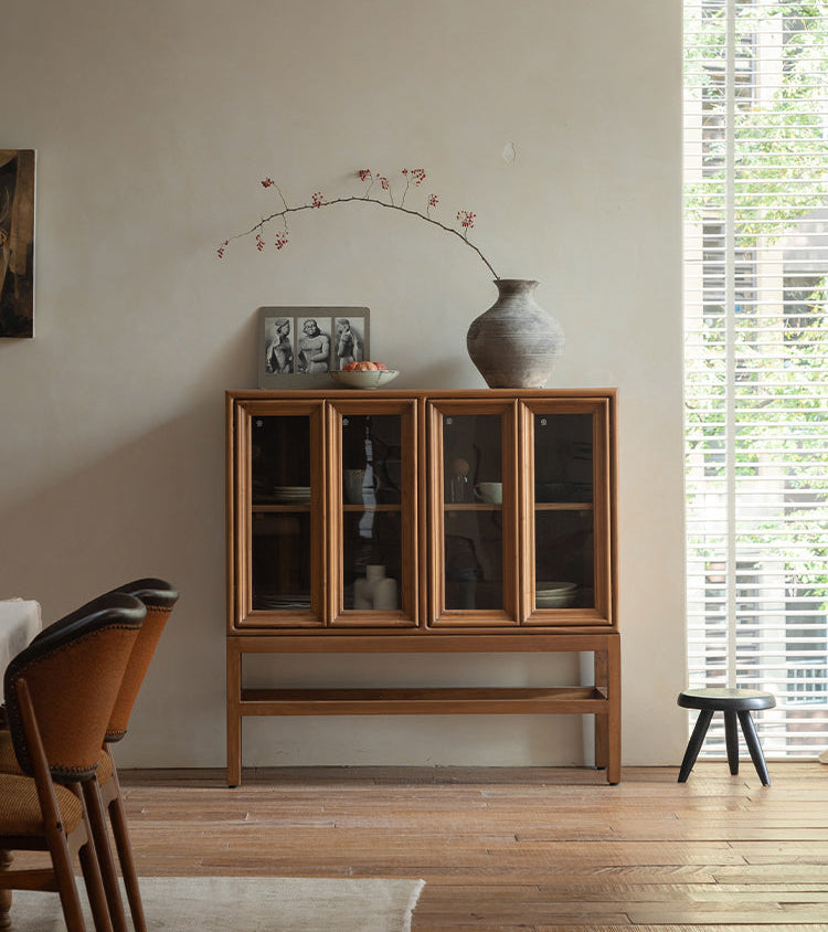 teak glass cabinet, high-leg display cabinet, solid wood showcase, handcrafted teak furniture, artisan wood cabinet, minimalist glass cabinet, wabi-sabi furniture, vintage teak display case, japanese scandi teak