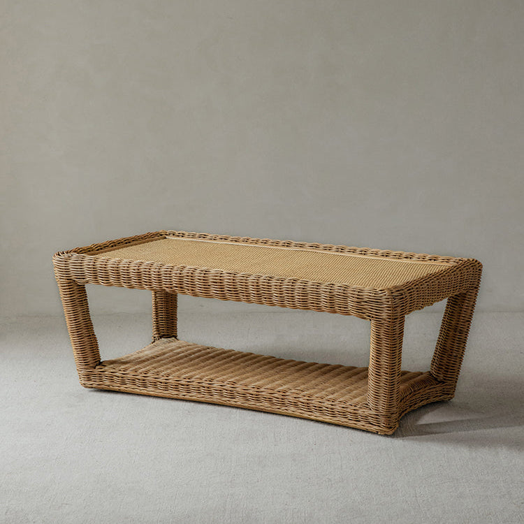 rattan coffee table, rattan tea table, handwoven rattan furniture, bamboo table, natural rattan decor, double layer coffee table, japanese wabi-sabi furniture, handcrafted rattan table, boho living room decor