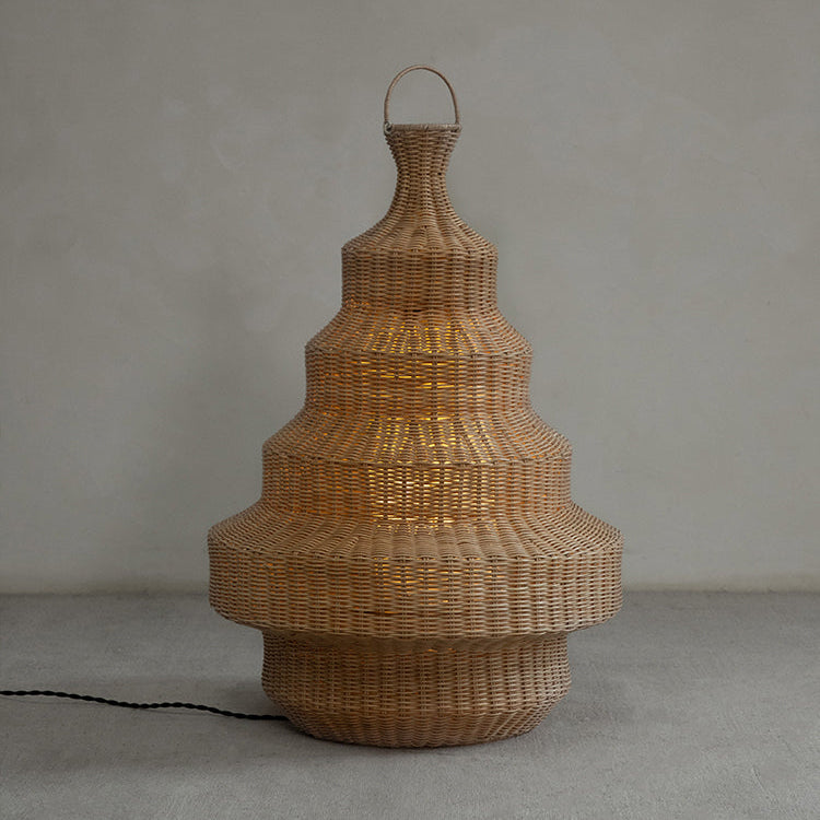 rattan floor lamp, handwoven rattan light, sculptural rattan lamp, pagoda floor lamp, bamboo lighting, natural rattan decor, artisan rattan lamp, southeast asian furniture, wabi-sabi lamp