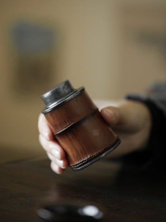 bamboo tea canister, bamboo tea caddy, silver tea canister, airtight tea container, travel tea jar, portable tea storage, handmade tea caddy, artisan tea accessories, oriental tea jar, Japanese tea caddy