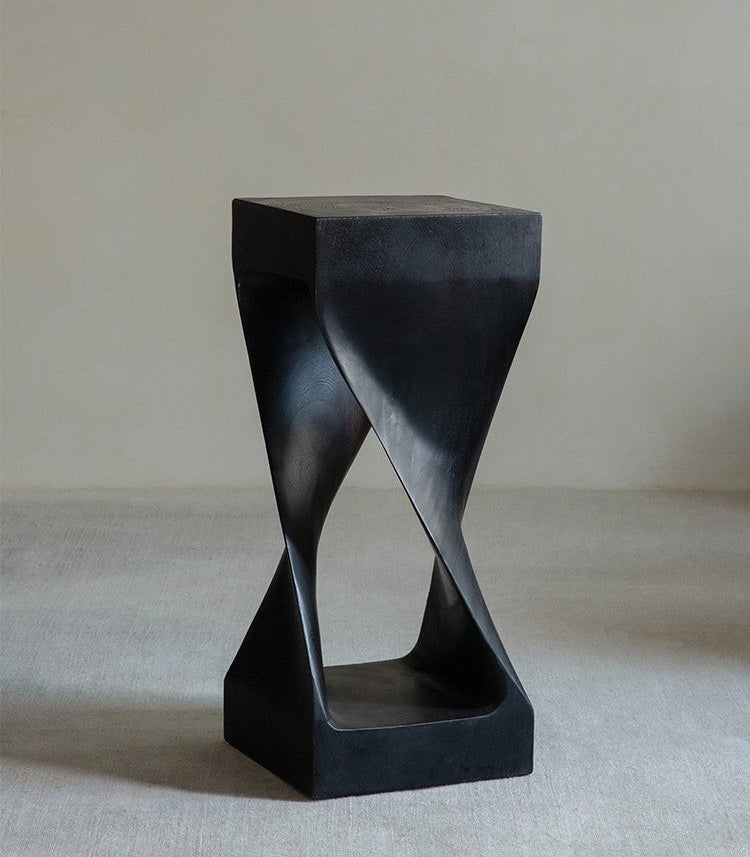 twist side table, sculptural wood stool, solid wood side table, carbon black furniture, wabi sabi furniture, minimalist furniture, piexlculpt studio, wooden pedestal table, organic design