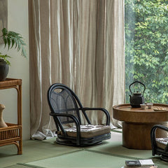 rattan floor chair, tatami chair, rattan swivel chair, handwoven rattan furniture, Japanese floor chair, bohemian interior, tea room seating, handcrafted rattan seat