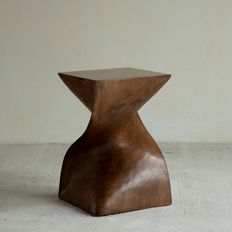 wood pedestal table, solid wood plant stand, sculptural wood side table, twist wooden table, handmade wood decor, rustic accent furniture, modern wood pedestal, artisan carved furniture, natural wood display stand