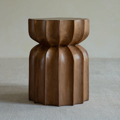 wood side table, solid wood accent table, carved wooden end table, handmade wood furniture, rustic wood nightstand, natural wood decor, modern artisan furniture, wooden pedestal table