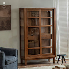 teak glass cabinet, solid wood display shelf, handcrafted teak furniture, glass door cabinet, artisan teak bookcase, minimalist wood furniture, wabi-sabi cabinet, boho wood storage, japanese scandi furniture