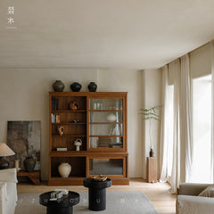 handcrafted wood cabinet, solid wood bookshelf, glass door cabinet, sliding wood cabinet, natural wood furniture, artisan wood furniture, minimalist storage cabinet, wabi-sabi furniture, boho wood shelf