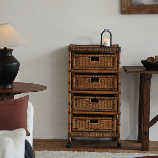 rattan trolley, rattan storage cart, handwoven rattan furniture, natural rattan shelf, bohemian home decor, rolling storage cart, handcrafted rattan organizer, rattan side cart