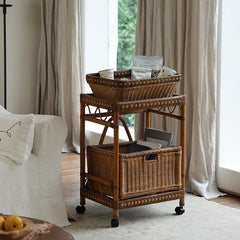 rattan trolley, rattan storage cart, handwoven rattan furniture, natural rattan shelf, bohemian home decor, rolling storage cart, handcrafted rattan organizer, rattan side cart
