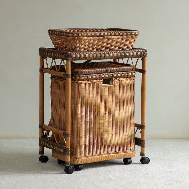 rattan trolley, rattan storage cart, handwoven rattan furniture, natural rattan shelf, bohemian home decor, rolling storage cart, handcrafted rattan organizer, rattan side cart