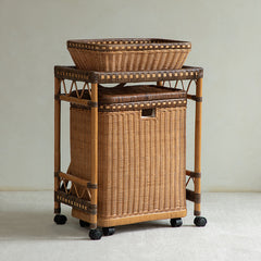 rattan trolley, rattan storage cart, handwoven rattan furniture, natural rattan shelf, bohemian home decor, rolling storage cart, handcrafted rattan organizer, rattan side cart