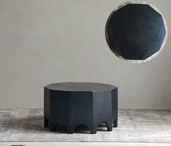 solid wood side table, handcrafted accent table, octagon round table, natural wood furniture, sculptural coffee table, wabi-sabi furniture, minimalist teak side table, artisan wooden table, japanese scandi furniture