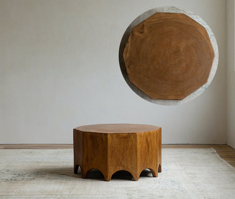 solid wood side table, handcrafted accent table, octagon round table, natural wood furniture, sculptural coffee table, wabi-sabi furniture, minimalist teak side table, artisan wooden table, japanese scandi furniture