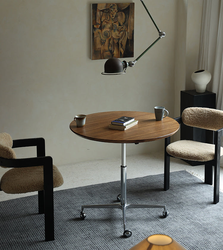 riku round table, adjustable wood table, solid wood modern furniture, japanese minimalist table, wabi sabi table, handcrafted table, piexlculpt studio, modern zen furniture, height adjustable table, multifunctional round desk