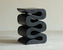 waveform side table, sculptural wooden table, solid wood furniture, organic design, hand-carved table, wabi sabi decor, carbon black furniture, minimalist wood stool, piexlculpt studio