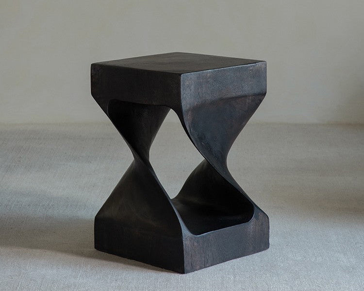 twist side table, sculptural wood stool, solid wood side table, carbon black furniture, wabi sabi furniture, minimalist furniture, piexlculpt studio, wooden pedestal table, organic design
