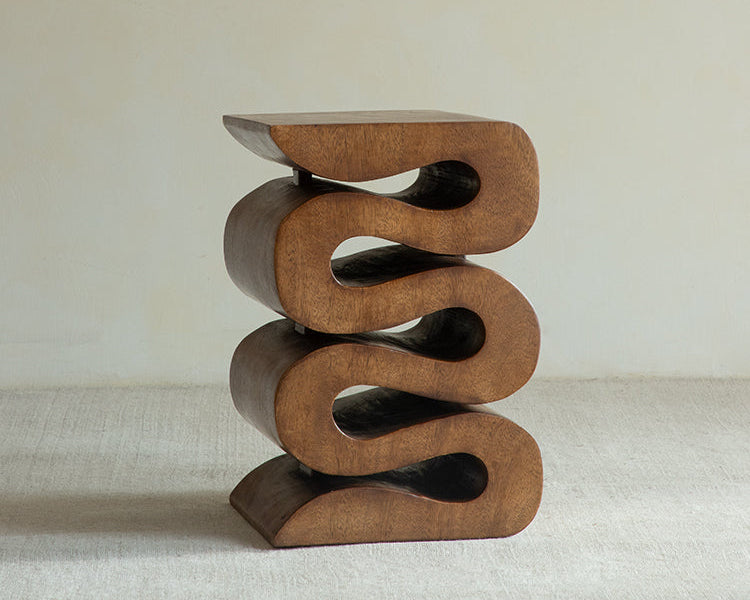 waveform side table, sculptural wooden table, solid wood furniture, organic design, hand-carved table, wabi sabi decor, carbon black furniture, minimalist wood stool, piexlculpt studio