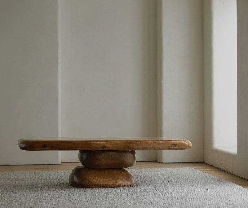 ryozen coffee table, solid wood tea table, zen furniture, wabi sabi coffee table, japanese minimalist furniture, handcrafted wooden table, piexlculpt studio, modern zen interior, natural oak table,