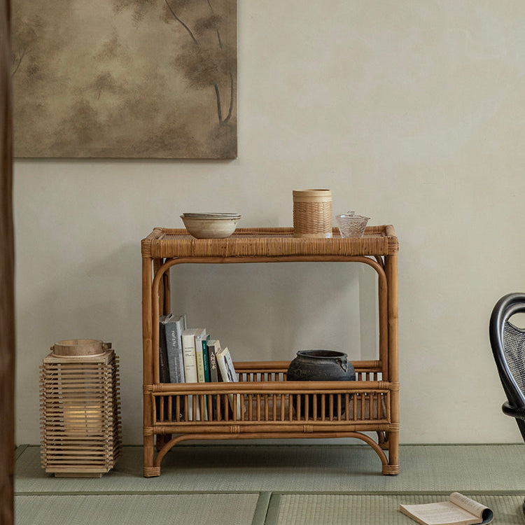 rattan console table, rattan side table, double tier rattan shelf, handwoven rattan furniture, natural rattan table, bohemian console, wabi-sabi decor, handmade rattan console, bamboo rattan furniture,