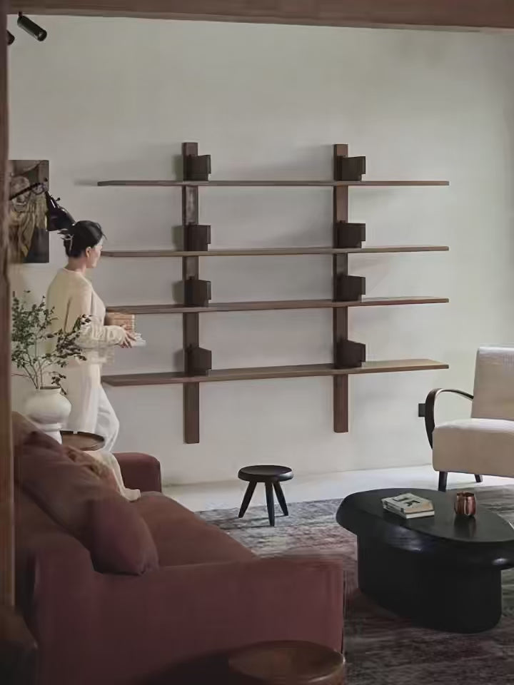 wall shelf system, modular wall shelving, mid century wood shelf, floating teak shelf, wooden wall bookcase, display shelving system, handcrafted wall furniture, piexlculpt studio