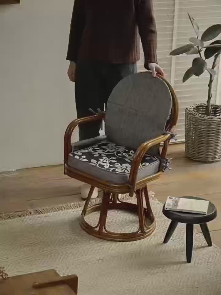 rattan swivel chair, handwoven rattan chair, rotating rattan chair, bamboo armchair, vintage rattan lounge chair, natural rattan furniture, handcrafted rattan seat, dining rattan chair, tea room chair, boho rattan furniture
