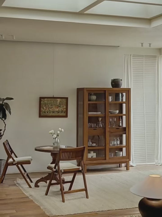 teak glass cabinet, solid wood display shelf, handcrafted teak furniture, glass door cabinet, artisan teak bookcase, minimalist wood furniture, wabi-sabi cabinet, boho wood storage, japanese scandi furniture